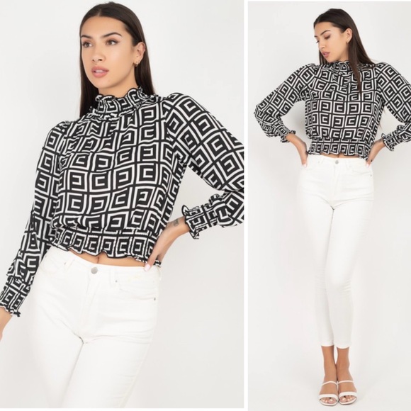 Geo black and white top with mock neck - Picture 4 of 9